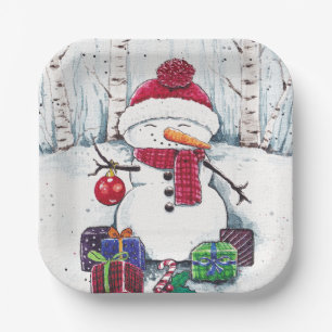 Snowman With Gifts In Watercolor  Paper Plate