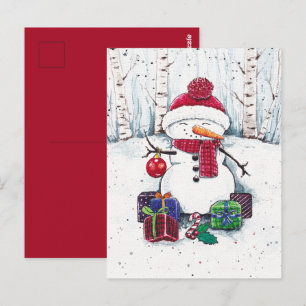 Snowman With Gifts In Watercolor Postcard