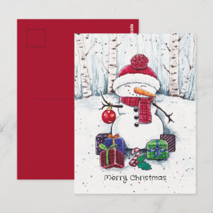 Snowman With Gifts In Watercolor Postcard