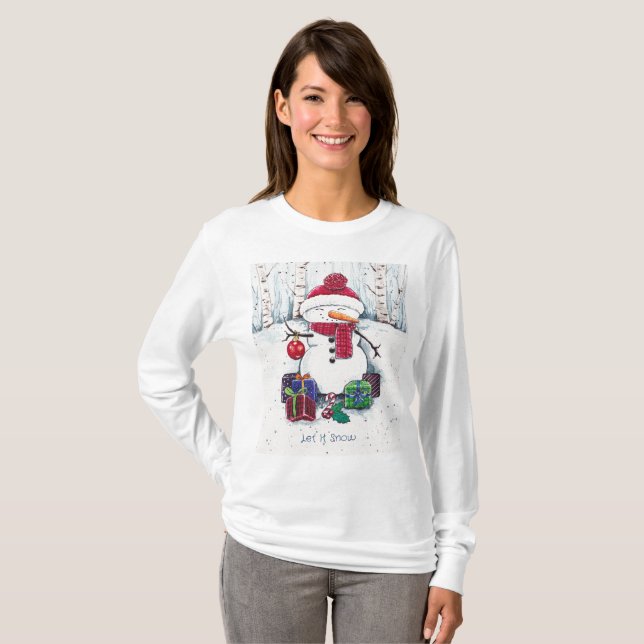 Snowman With Gifts In Watercolor  T-Shirt (Front Full)