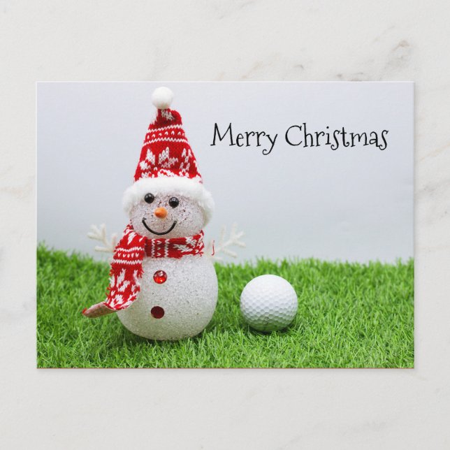 Snowman with golf ball on green grass Christmas Postcard (Front)