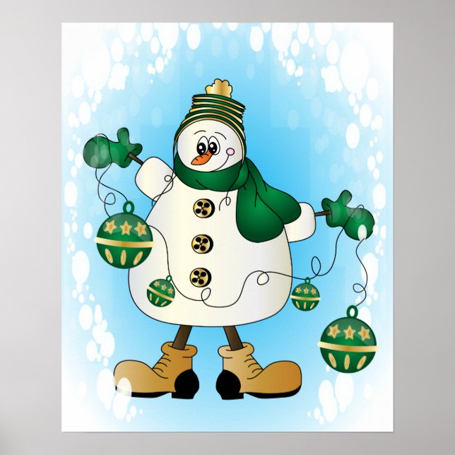 Snowman with Green Christmas Ornaments Poster (Front)