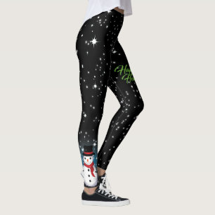 Snowman with Happy Holidays Text in Green on BLACK Leggings