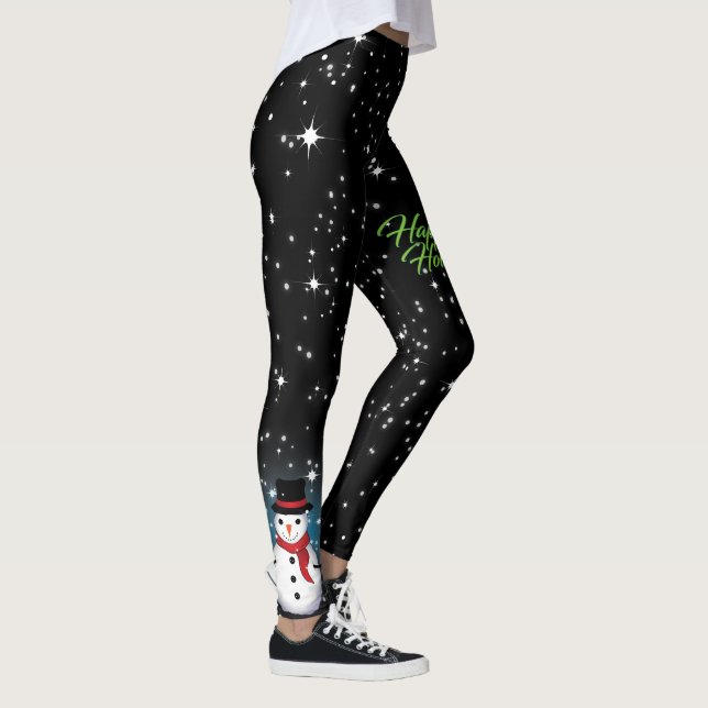 Snowman with Happy Holidays Text in Green on BLACK Leggings (Right)