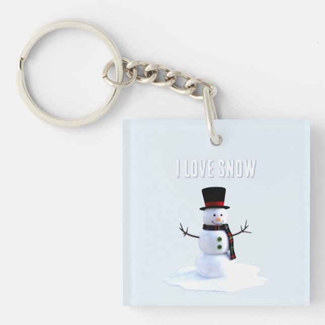 Snowman with hat and scarf. I Love Snow Key Ring (Front)