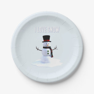 Snowman with hat and scarf. I Love Snow Paper Plate