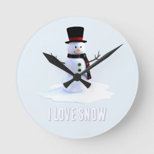 Snowman with hat and scarf. I Love Snow Round Clock