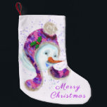 Snowman with Hat Christmas Stocking<br><div class="desc">Christmas Stockings with Happy Snowman In Purple Pink Beanie Winter Hat Fun Christmas Painting Collection Christmas Stocking - or Choose / Add Your Unique Text / Name / Colour - Make Your Special Gift - Resize and move or remove / add elements - image / text with Customisation tool. Painting...</div>