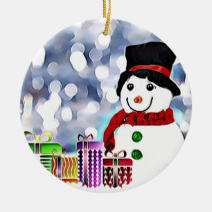 Snowman with his gifts ceramic tree decoration