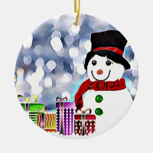Snowman with his gifts ceramic tree decoration (Front)