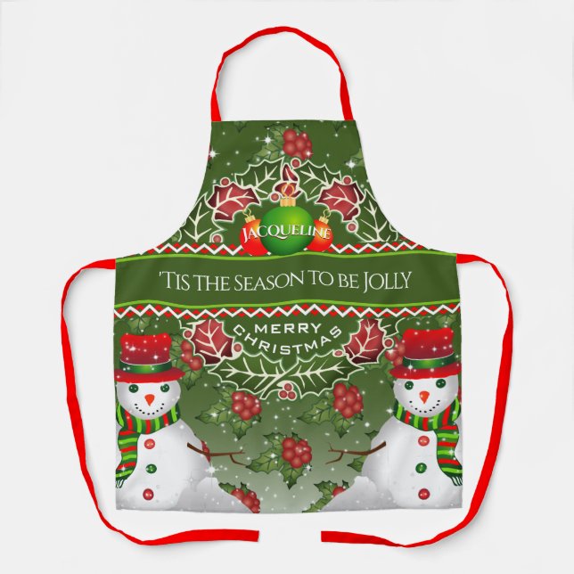 Snowman with Holly Berries and YOUR NAME on GREEN Apron (Front)