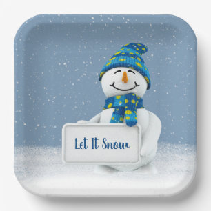 Snowman with LET IT SNOW Sign Paper Plate