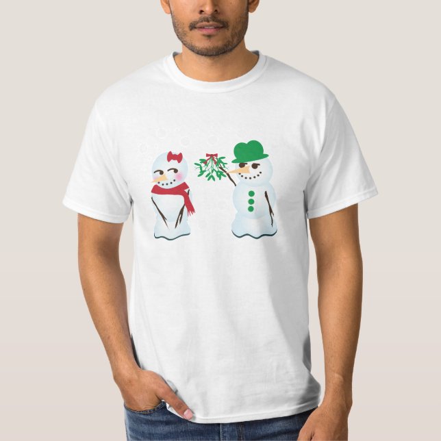 Snowman with Mistletoe Wanting a Kiss T-Shirt (Front)