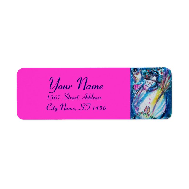 SNOWMAN WITH OWL  Blue Pink Fuchsia Christmas (Front)
