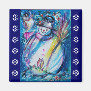 SNOWMAN WITH OWL / Blue White Snowflakes Magnet