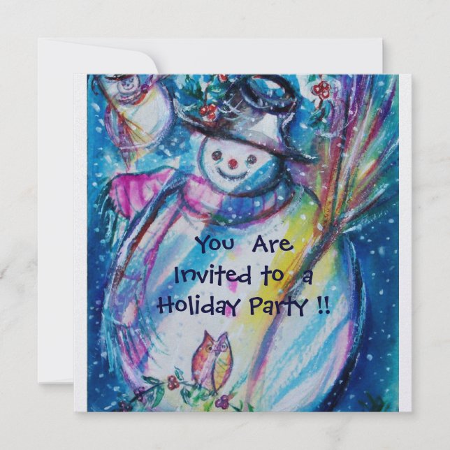 SNOWMAN WITH OWL , HOLIDAY PARTY Ice Metallic Invitation (Front)