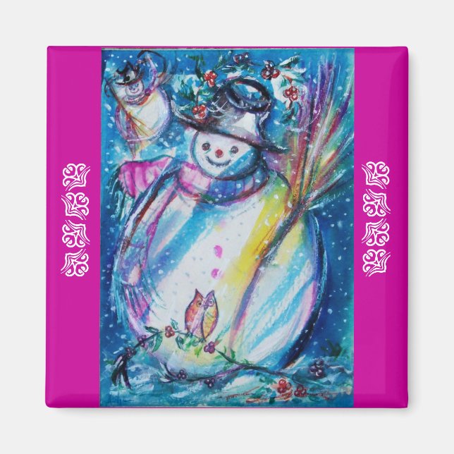 SNOWMAN WITH OWL IN WINTER Puprle Blue Magnet (Front)