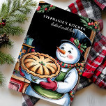 Snowman with Pie Personalised Christmas Tea Towel<br><div class="desc">Bring some festive charm to your kitchen with this personalised Christmas kitchen towel featuring a cheerful snowman holding a freshly baked pie. Perfect for holiday baking enthusiasts,  this towel adds a whimsical touch to your kitchen decor and makes a wonderful personalised gift for the holidays.</div>