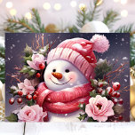 Snowman with Pink Roses Christmas Holiday Card<br><div class="desc">Spread festive cheer with this charming holiday card featuring a snowman dressed in a pink scarf,  surrounded by pink roses and winter berries. Perfect for sending joyful Christmas wishes,  this card adds a whimsical touch to your holiday greetings.</div>