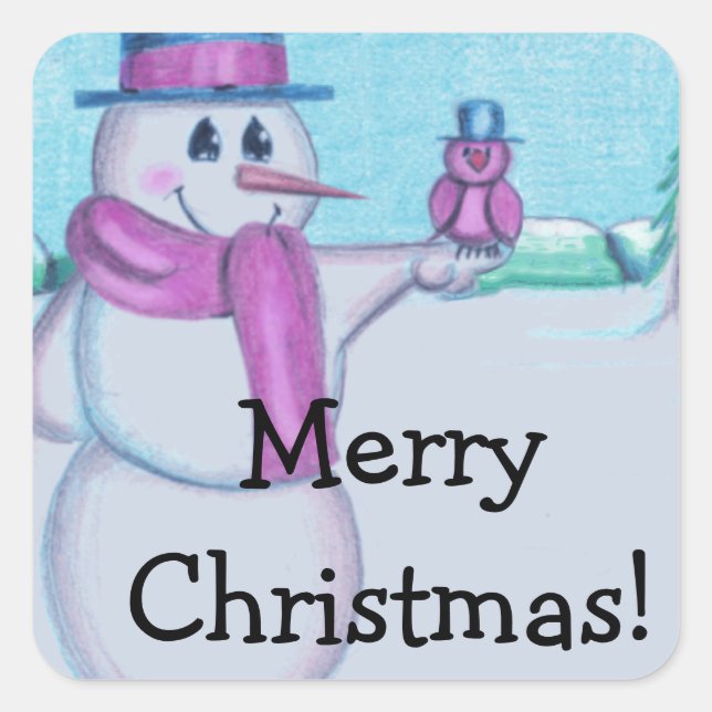 Snowman with Red Bird Folk Art Drawing Square Sticker (Front)