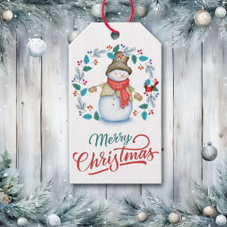 Snowman with Red Bird Wreath Gift Tags