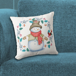 Snowman with Red Bird Wreath Holiday Cushion