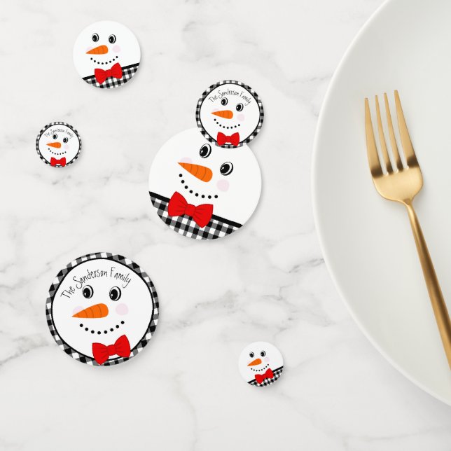 Snowman with Red Bowtie Black Buffalo Plaid Trim,  Confetti (Group)