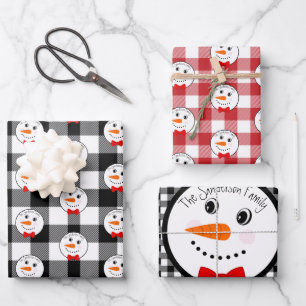 Snowman with Red Bowtie Black Buffalo Plaid Trim W Wrapping Paper Sheet