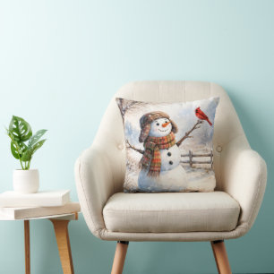 Snowman With Red Cardinal Bird Cushion