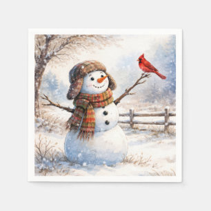 Snowman With Red Cardinal Bird Napkin
