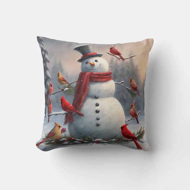 Snowman with Red Cardinals Snowy  Cushion (Front)