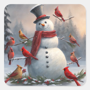 Snowman with Red Cardinals Snowy  Square Sticker