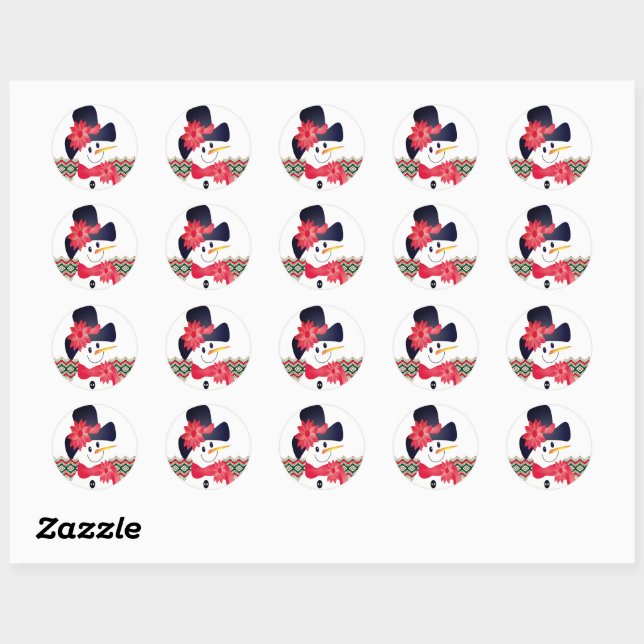 Snowman With Red Classic Round Sticker (Sheet)