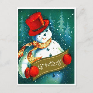 Snowman with red cylinder hat, holiday greetings postcard