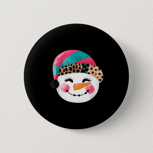 Snowman With Santa Hat And Leopard Pattern  6 Cm Round Badge (Front)