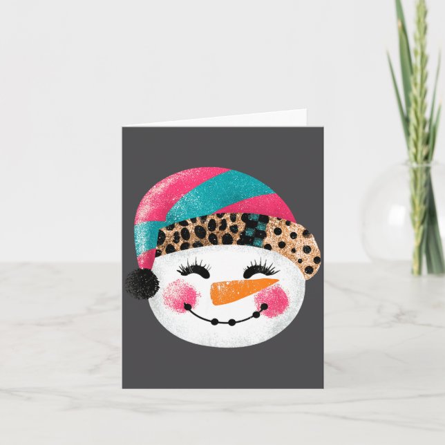 Snowman With Santa Hat And Leopard Pattern  Card (Front)