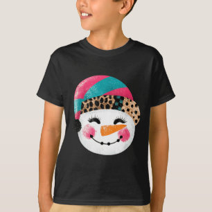 Snowman With Santa Hat And Leopard Pattern  T-Shirt