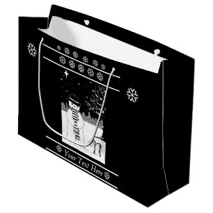 snowman with scarf and hat black and white art large gift bag