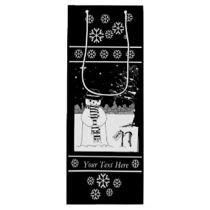 snowman with scarf and hat black and white art wine gift bag