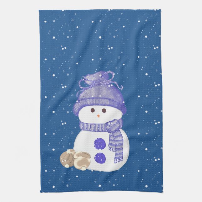 Snowman with Sleeping Bunnies Tea Towel (Vertical)