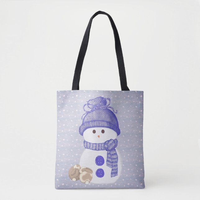 Snowman with Sleeping Bunnies Tote Bag (Front)