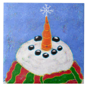 Snowman with Snowflake Abstract Art Tile