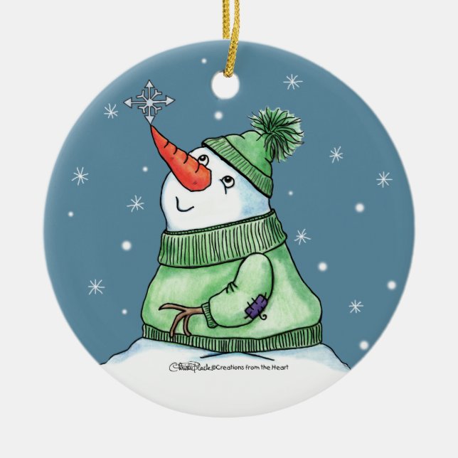 Snowman with Snowflake on nose Ceramic Tree Decoration (Front)