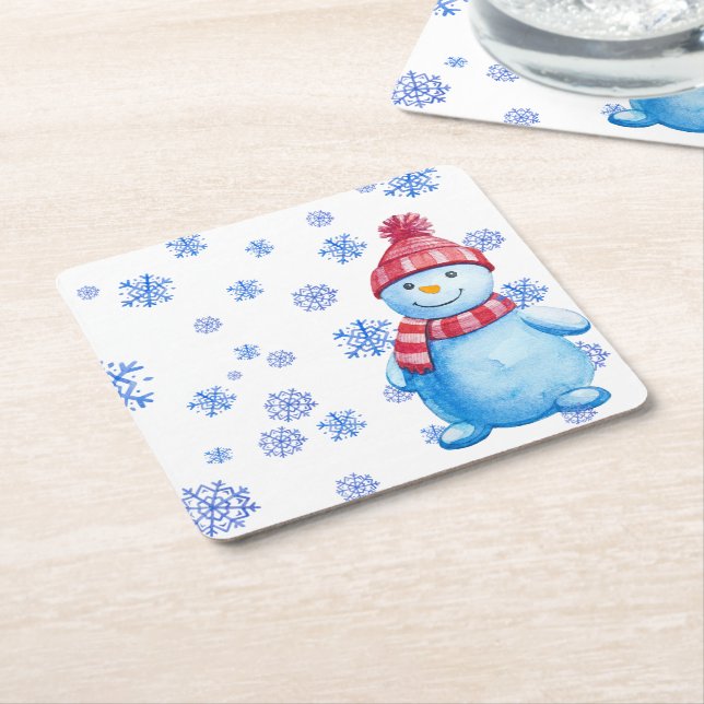 Snowman with snowflakes reusable square paper coaster (Angled)