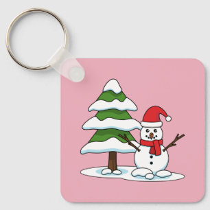 Snowman with Snowy Pine Tree Key Ring