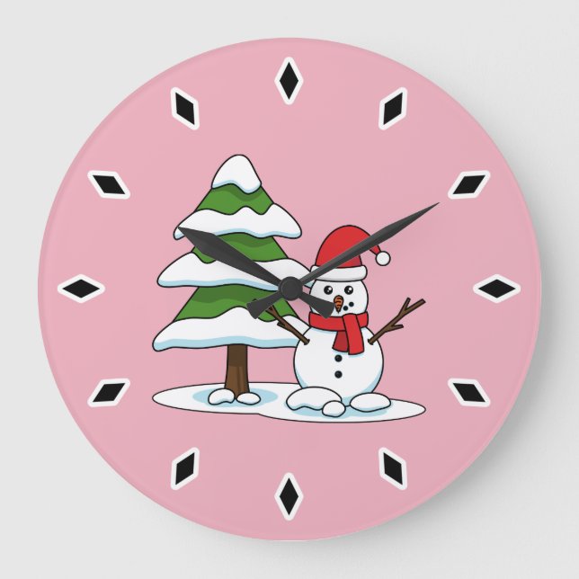 Snowman with Snowy Pine Tree Large Clock (Front)
