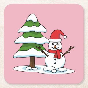 Snowman with Snowy Pine Tree Square Paper Coaster