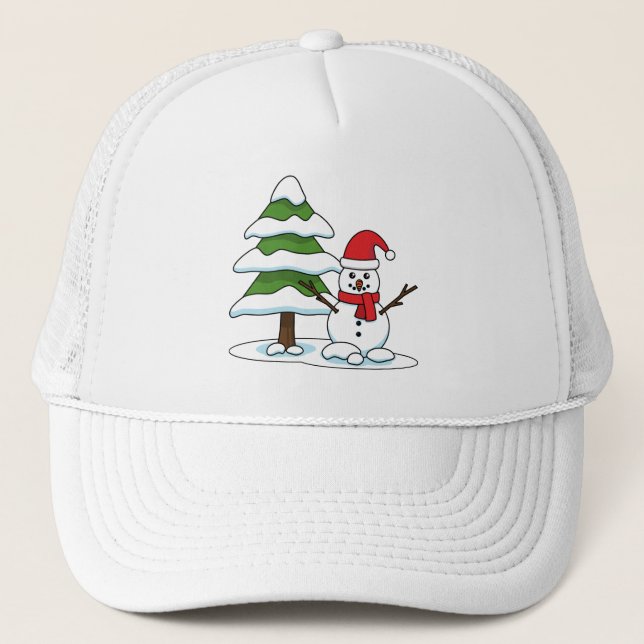 Snowman with Snowy Pine Tree Trucker Hat (Front)