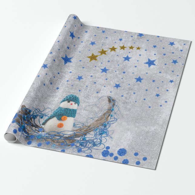 Snowman with sparkly blue stars wrapping paper (Unrolled)