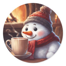 Snowman with Steaming Hot Coffee Sticker